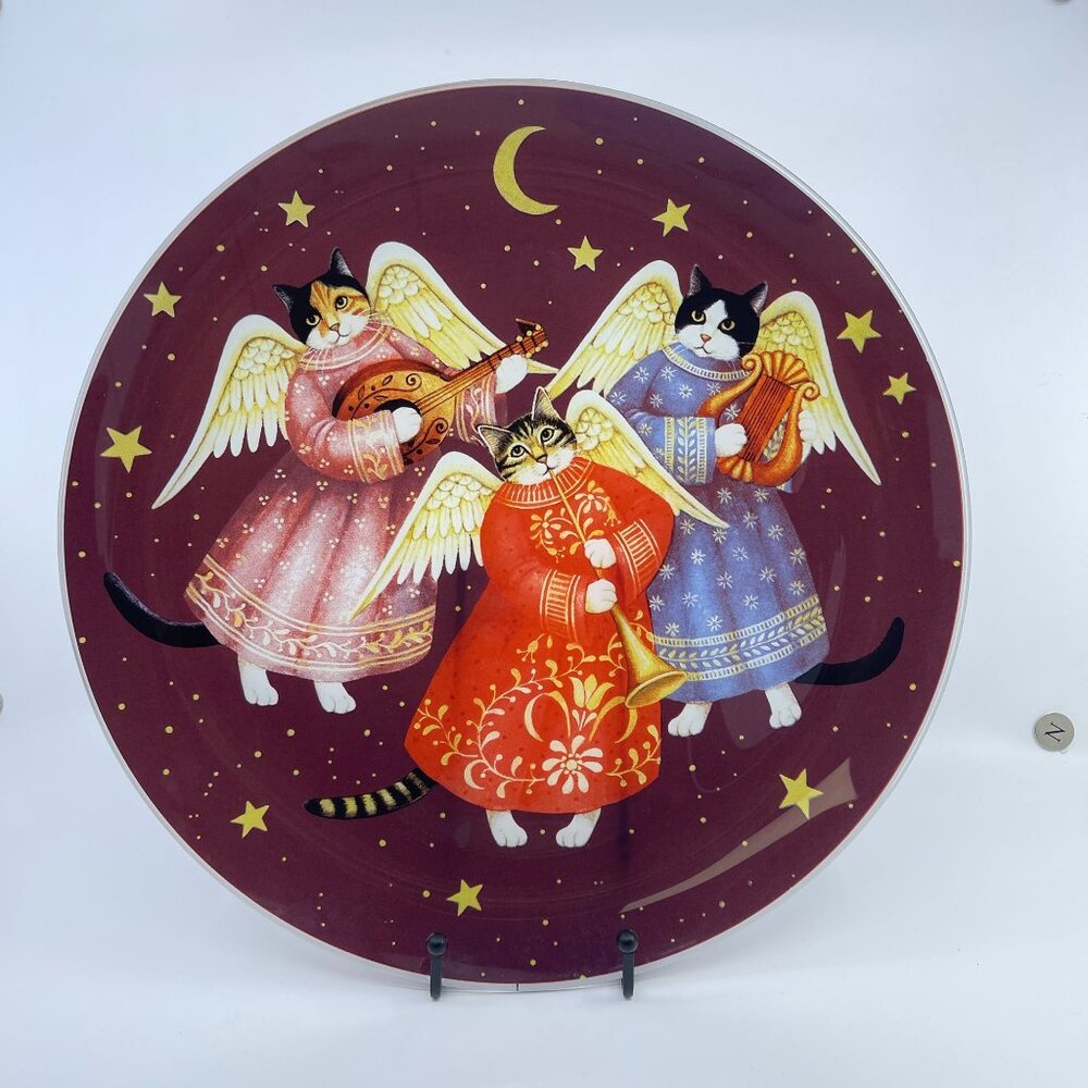 vintage pilgrim glass gump's 3 angelic cats decorative glass platter 1996